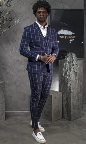 Terno Slim Masculino Poliviscose Azul Marinho Xadrez Jordhan