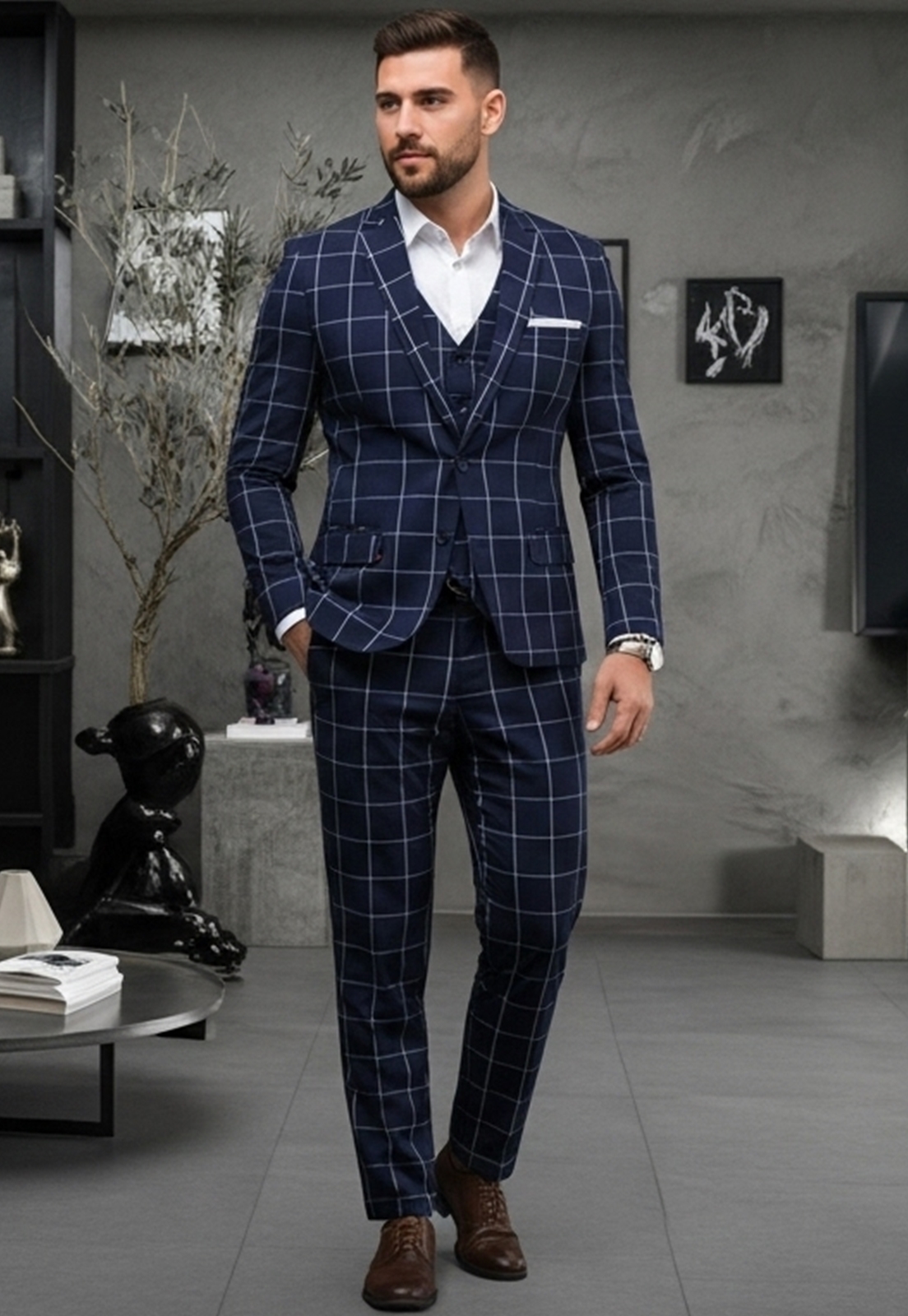 Jordhan Alta Costura Poliviscose Xadrez Azul | Terno Masculino Alfaiataria Premium Príncipe de Gales - Imagem 2