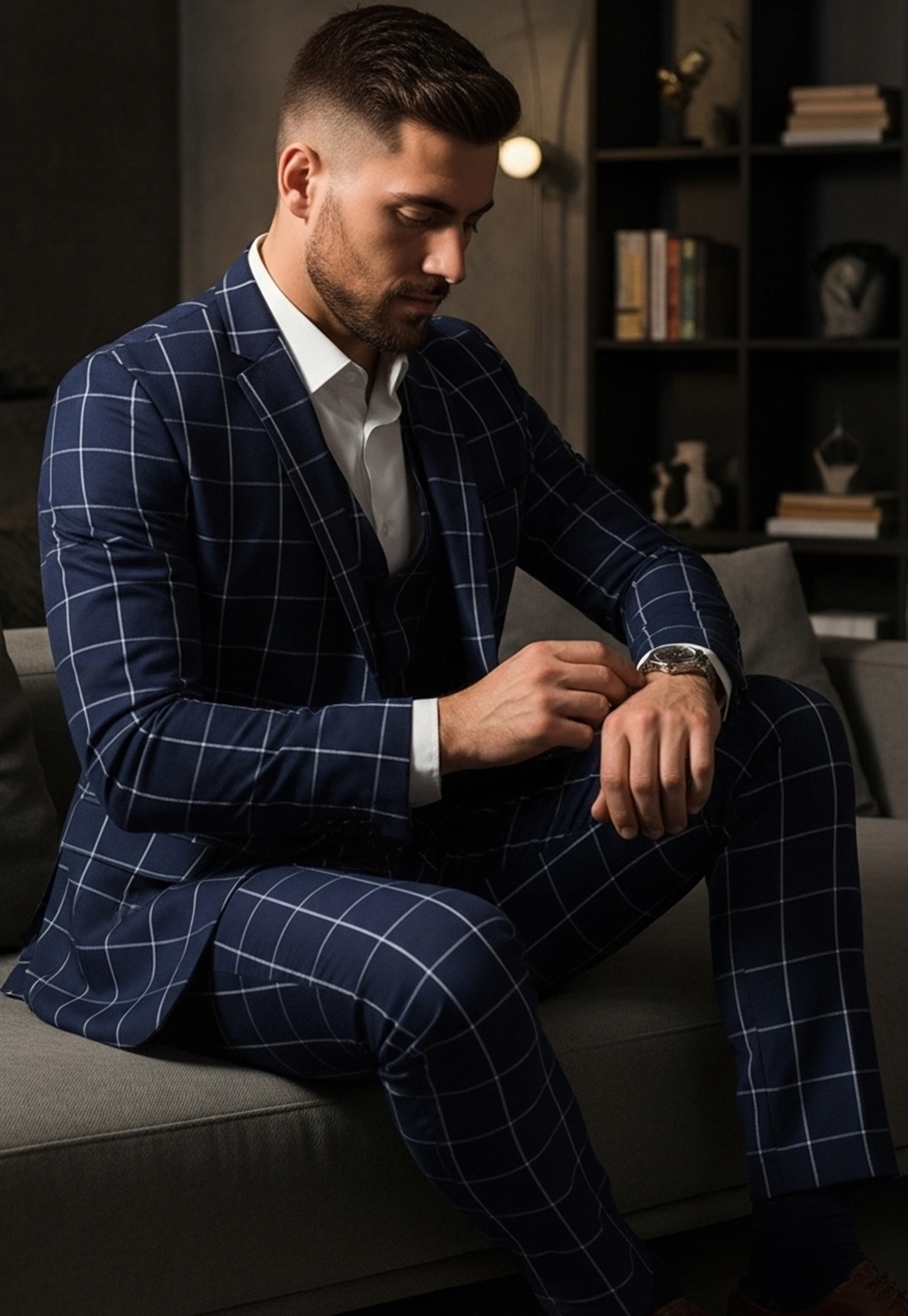 Jordhan Alta Costura Poliviscose Xadrez Azul | Terno Masculino Alfaiataria Premium Príncipe de Gales - Imagem 3