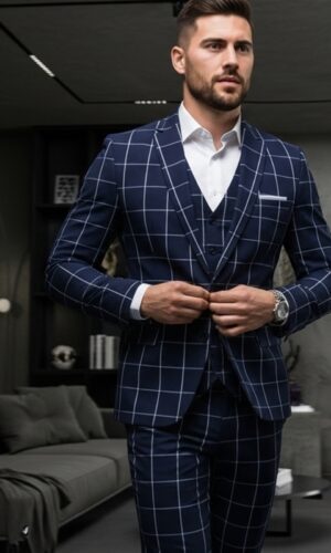 Jordhan Alta Costura Poliviscose Xadrez Azul | Terno Masculino Alfaiataria Premium Príncipe de Gales