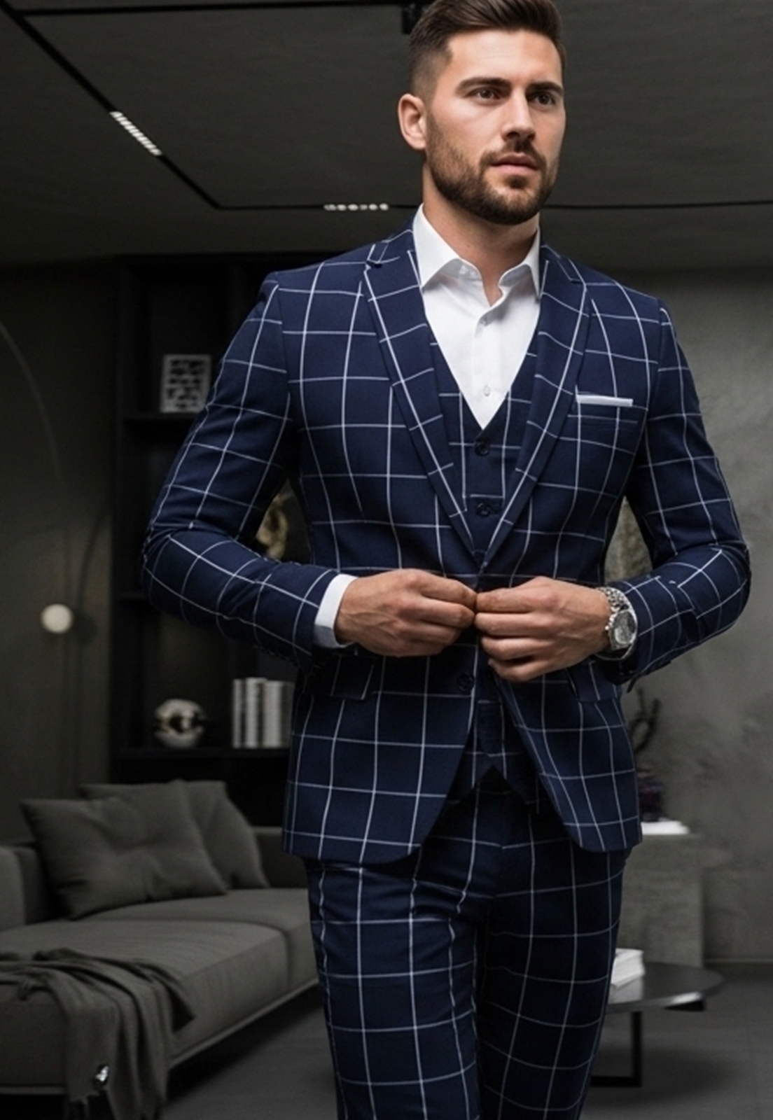 Jordhan Alta Costura Poliviscose Xadrez Azul | Terno Masculino Alfaiataria Premium Príncipe de Gales