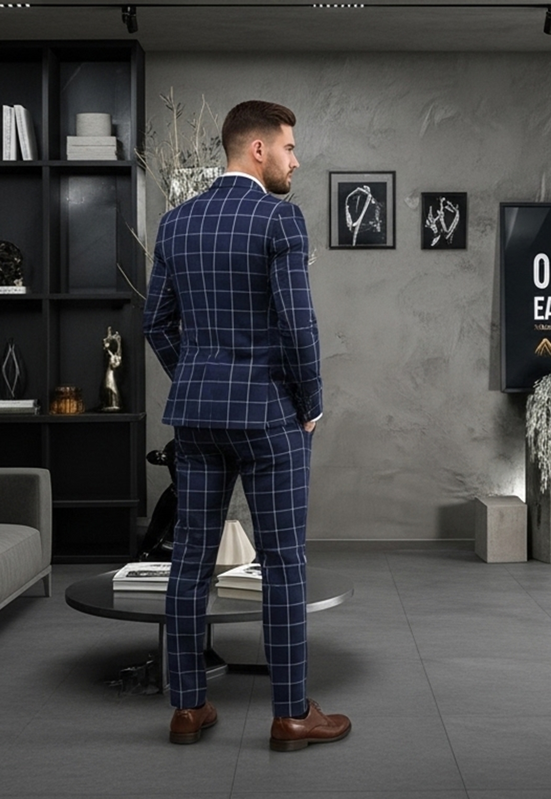 Jordhan Alta Costura Poliviscose Xadrez Azul | Terno Masculino Alfaiataria Premium Príncipe de Gales - Imagem 6