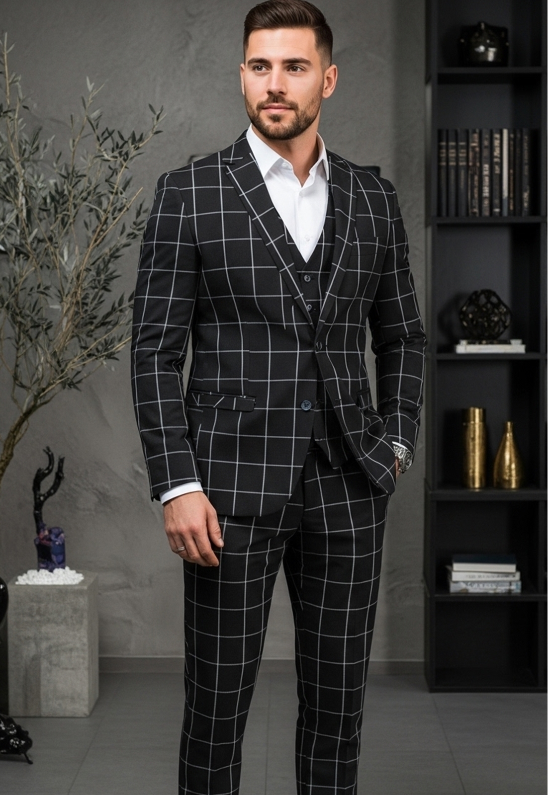 Jordhan Alta Costura Poliviscose Xadrez Preto | Terno Masculino Alfaiataria Premium Príncipe de Gales - Imagem 2