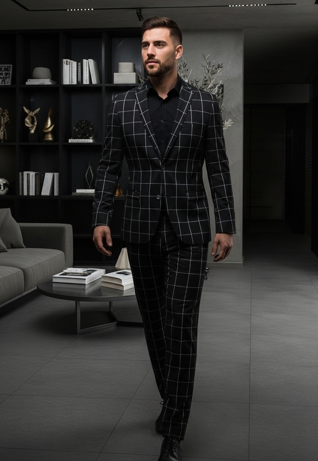 Jordhan Alta Costura Poliviscose Xadrez Preto | Terno Masculino Alfaiataria Premium Príncipe de Gales - Imagem 5